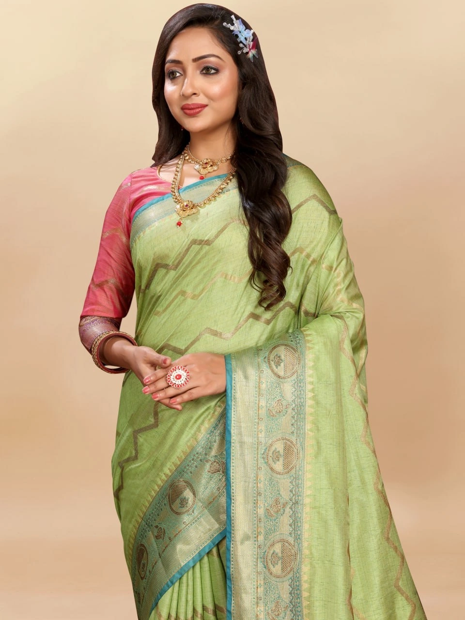 Soft Katan Silk Saree with Zari Weaving Design, Pallu, Border &amp; Silk Blouse Piece-Pista-1