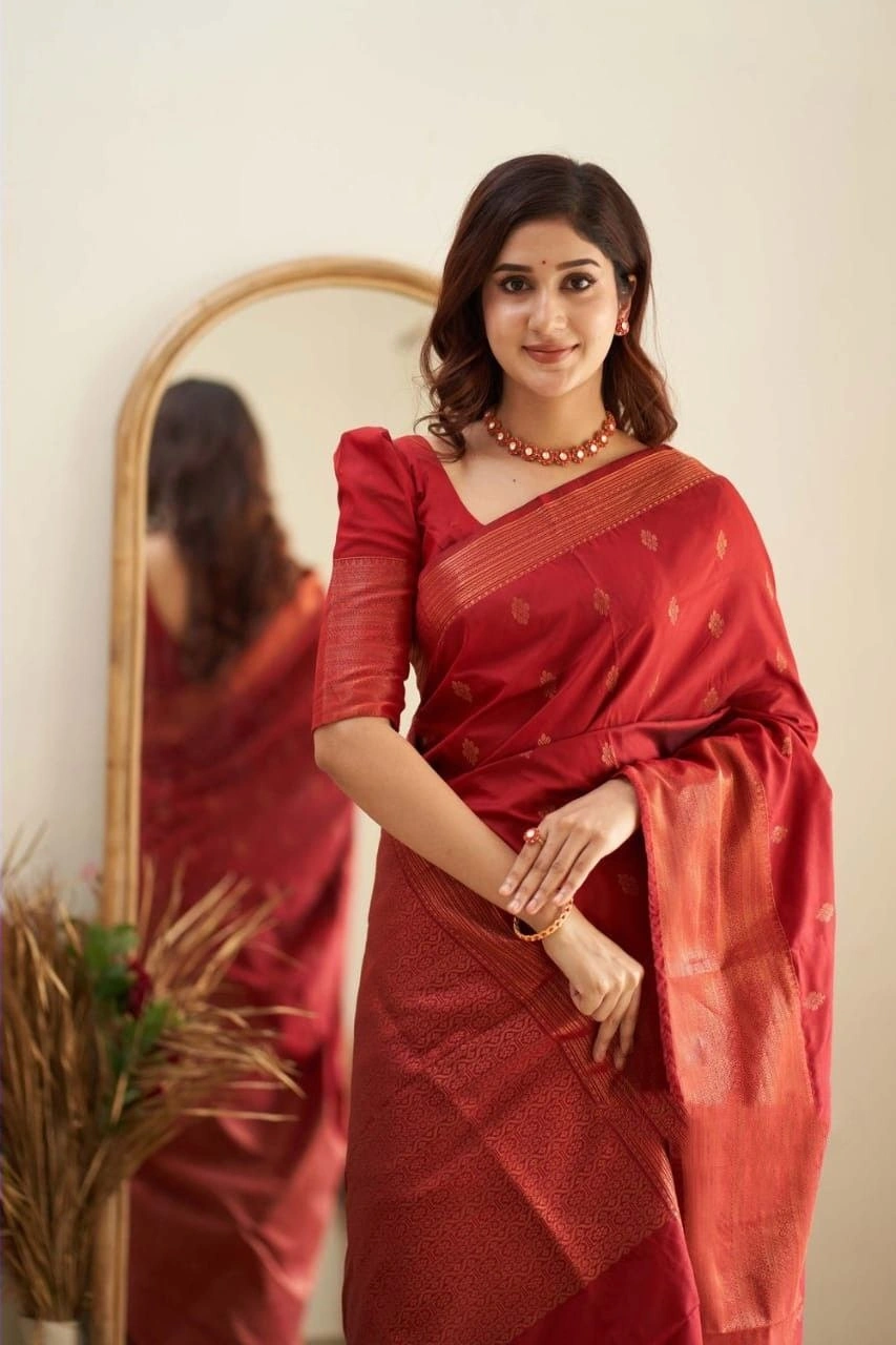 Soft Silk Saree with Copper Jari Work, Rich Design, and Jacquard Border Blouse Piece-Red-1