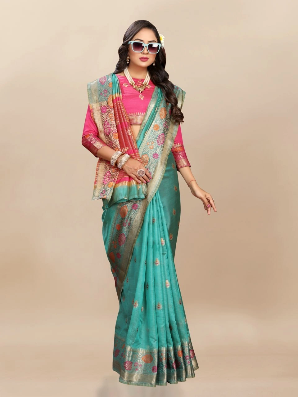 Soft Organza Silk Saree with Meenakari Weaving, Zari Pallu, and Silk Blouse Piece-RMNX-292-Rama