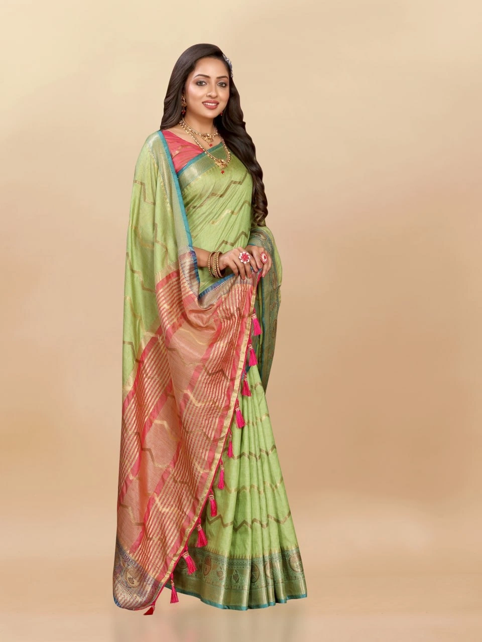 Soft Katan Silk Saree with Zari Weaving Design, Pallu, Border &amp; Silk Blouse Piece-Pista-2