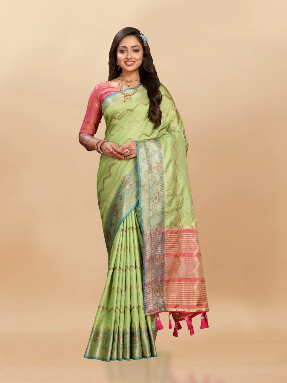 Soft Katan Silk Saree with Zari Weaving Design, Pallu, Border &amp; Silk Blouse Piece-Pista-3