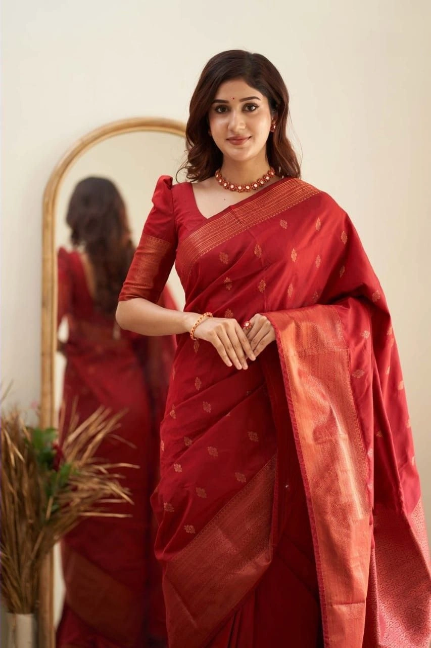 Soft Silk Saree with Copper Jari Work, Rich Design, and Jacquard Border Blouse Piece-Red-3