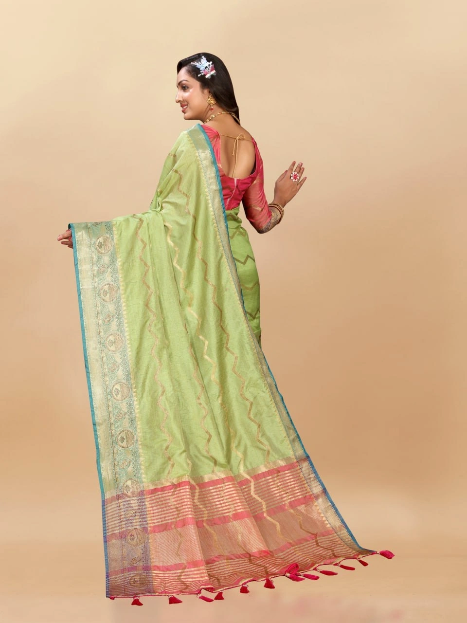 Soft Katan Silk Saree with Zari Weaving Design, Pallu, Border &amp; Silk Blouse Piece-Pista-4