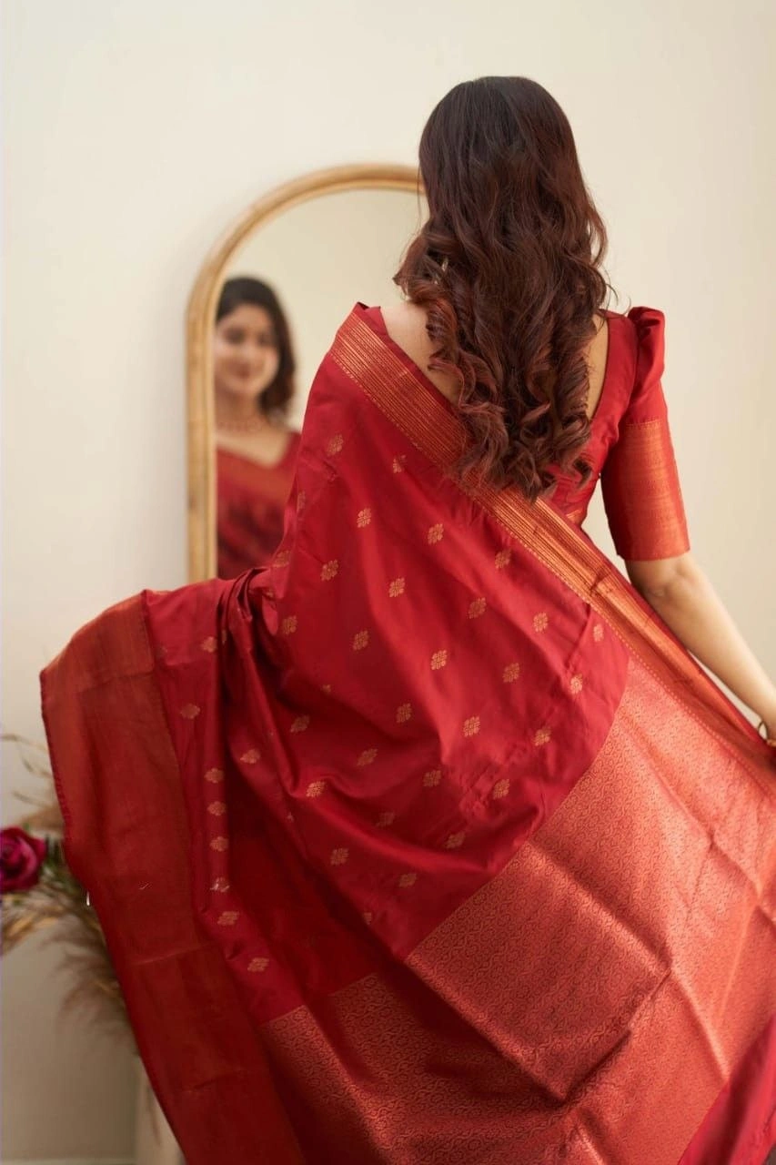 Soft Silk Saree with Copper Jari Work, Rich Design, and Jacquard Border Blouse Piece-Red-4