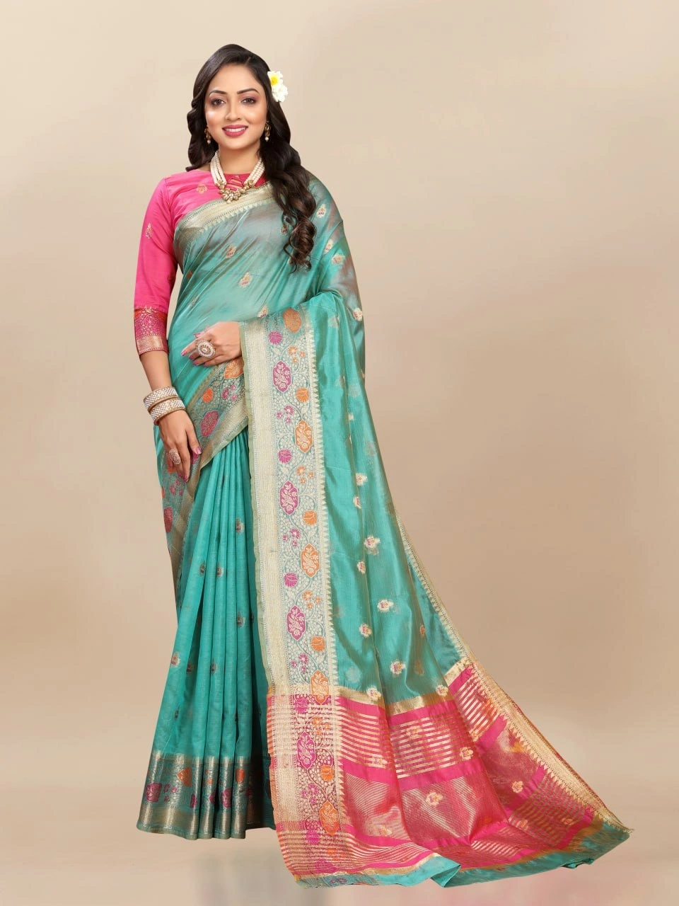 Soft Organza Silk Saree with Meenakari Weaving, Zari Pallu, and Silk Blouse Piece-Rama-2