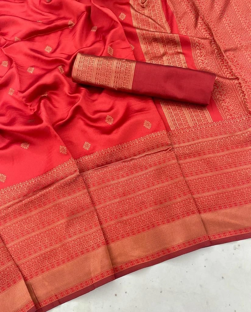 Soft Silk Saree with Copper Jari Work, Rich Design, and Jacquard Border Blouse Piece-Red-5