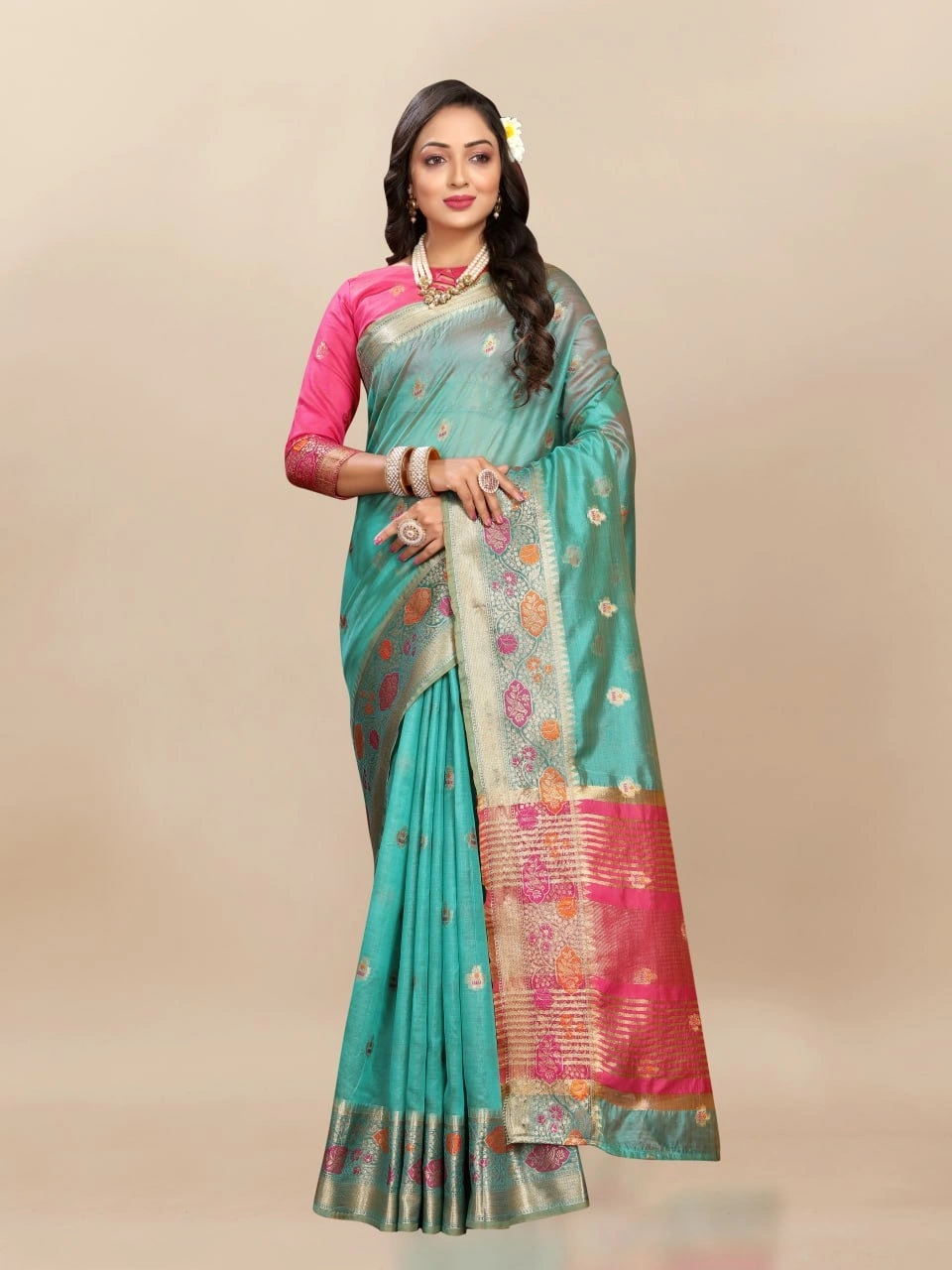 Soft Organza Silk Saree with Meenakari Weaving, Zari Pallu, and Silk Blouse Piece-Rama-3