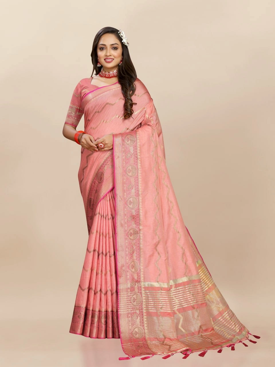 Soft Katan Silk Saree with Zari Weaving Design, Pallu, Border &amp; Silk Blouse Piece-RMNX-293-Pink