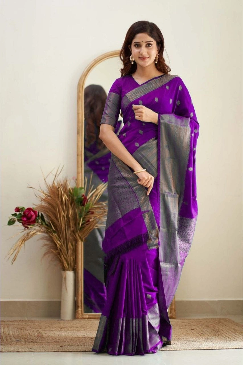 Soft Silk Saree with Copper Jari Work, Rich Design, and Jacquard Border Blouse Piece-SRIEktara-Purple