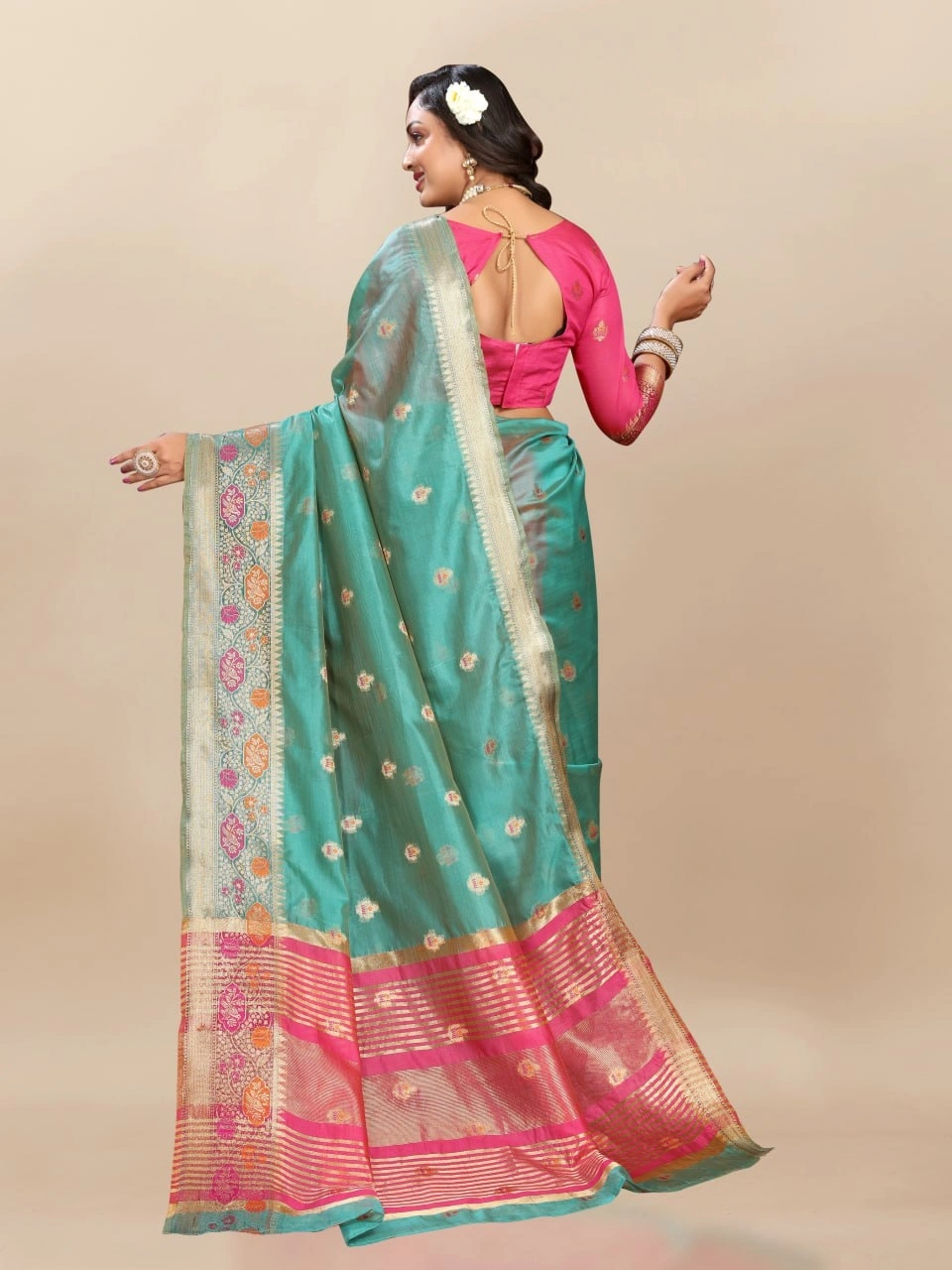 Soft Organza Silk Saree with Meenakari Weaving, Zari Pallu, and Silk Blouse Piece-Rama-4