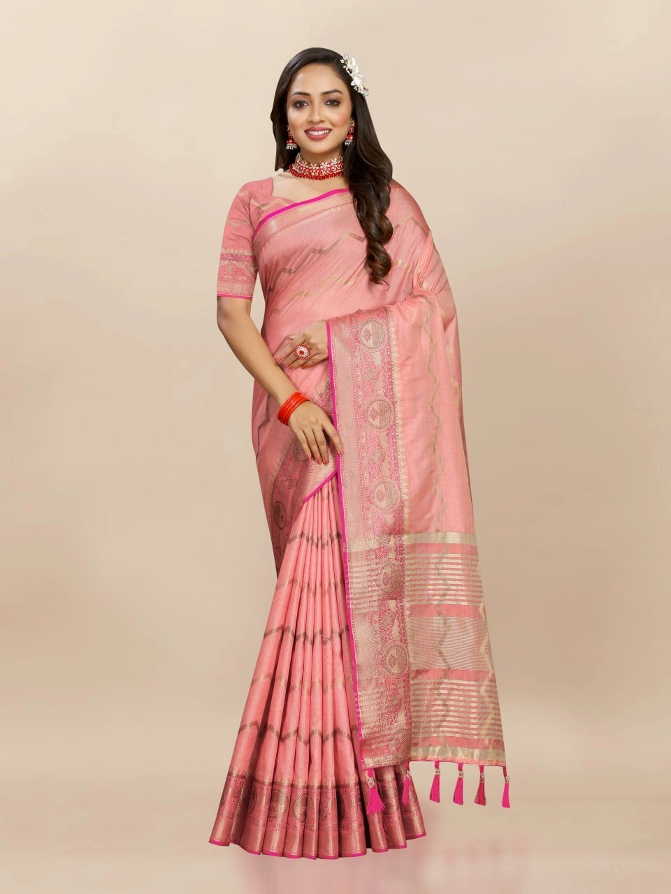 Soft Katan Silk Saree with Zari Weaving Design, Pallu, Border &amp; Silk Blouse Piece-Pink-1