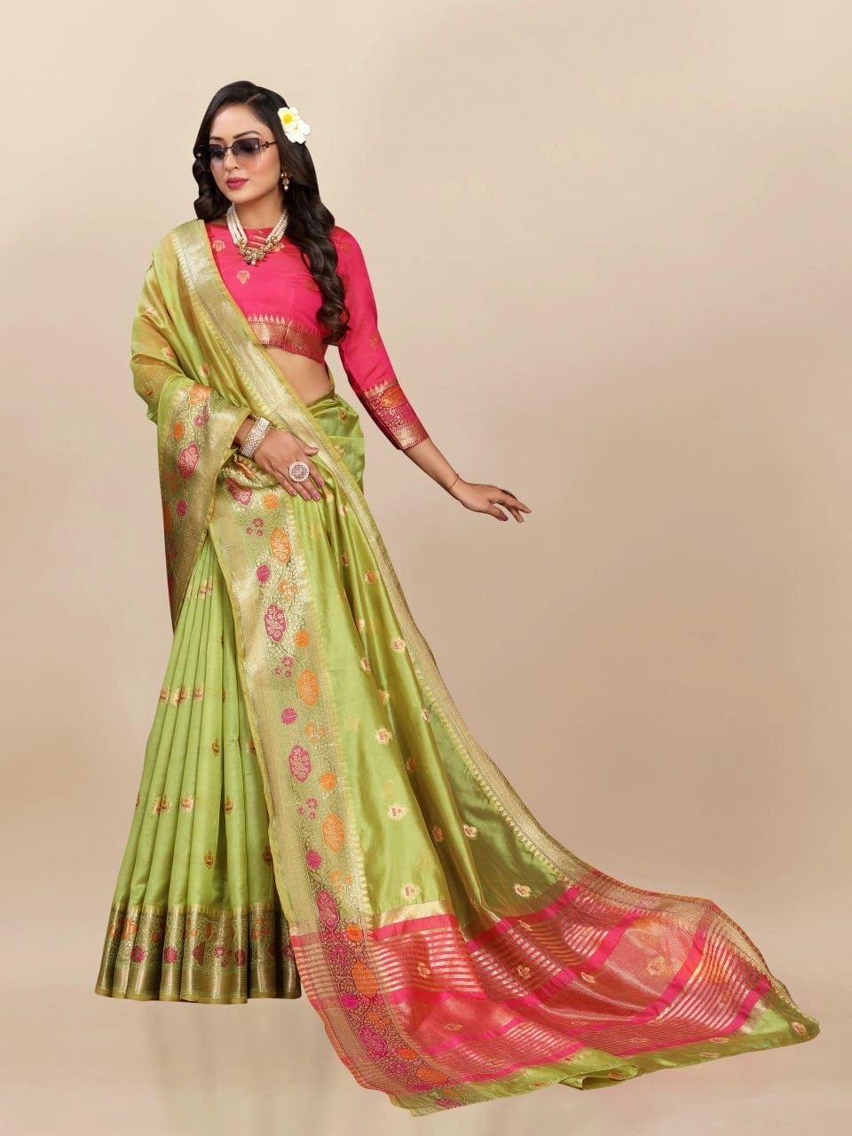 Soft Organza Silk Saree with Meenakari Weaving, Zari Pallu, and Silk Blouse Piece-RMNX-292-Pista