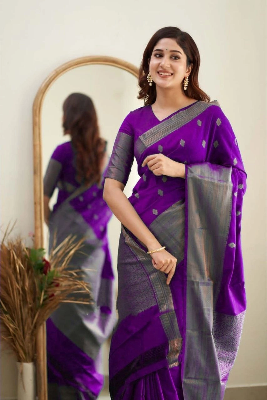 Soft Silk Saree with Copper Jari Work, Rich Design, and Jacquard Border Blouse Piece-Purple-1