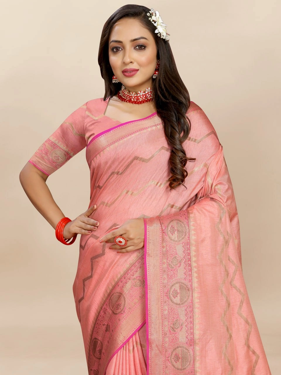 Soft Katan Silk Saree with Zari Weaving Design, Pallu, Border &amp; Silk Blouse Piece-Pink-2