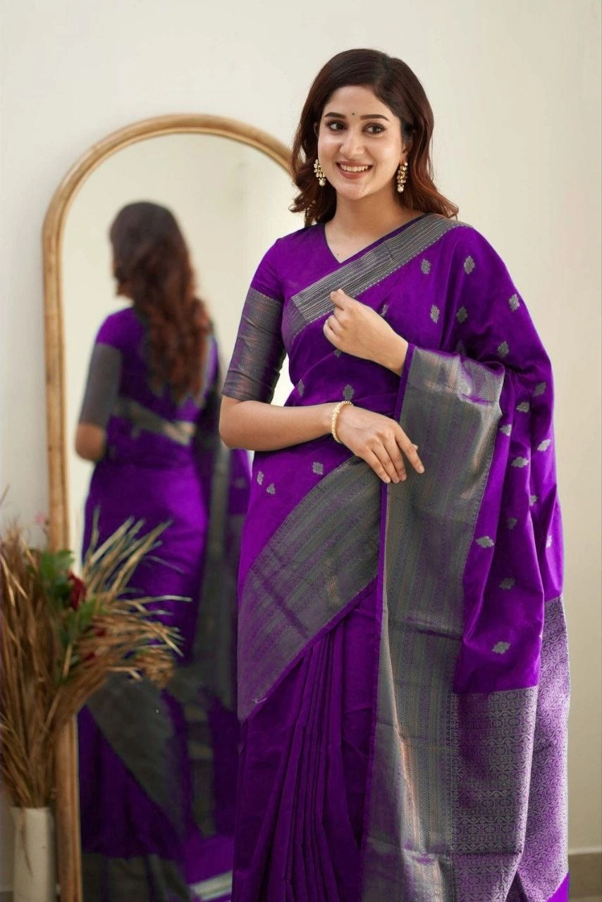 Soft Silk Saree with Copper Jari Work, Rich Design, and Jacquard Border Blouse Piece-Purple-2