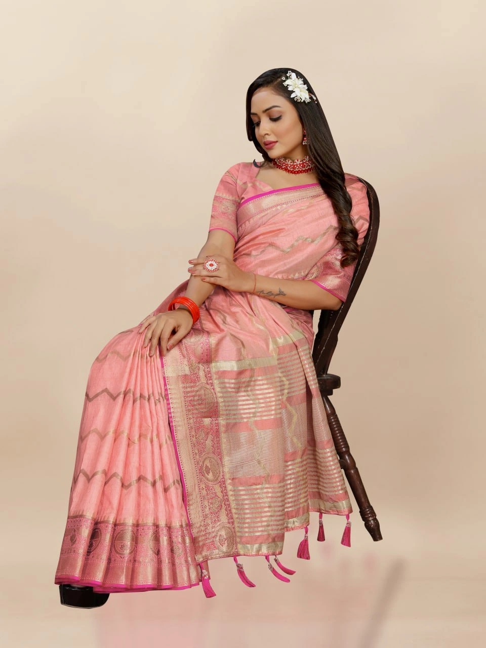 Soft Katan Silk Saree with Zari Weaving Design, Pallu, Border &amp; Silk Blouse Piece-Pink-3