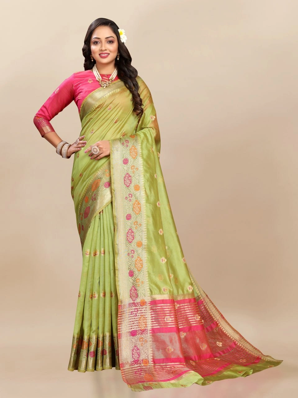 Soft Organza Silk Saree with Meenakari Weaving, Zari Pallu, and Silk Blouse Piece-Pista-1