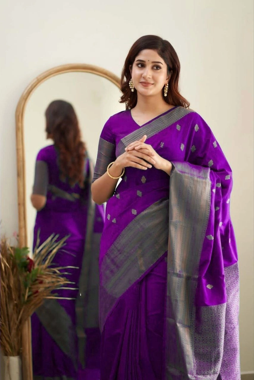 Soft Silk Saree with Copper Jari Work, Rich Design, and Jacquard Border Blouse Piece-Purple-3