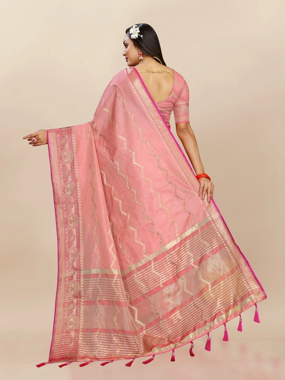 Soft Katan Silk Saree with Zari Weaving Design, Pallu, Border &amp; Silk Blouse Piece-Pink-4