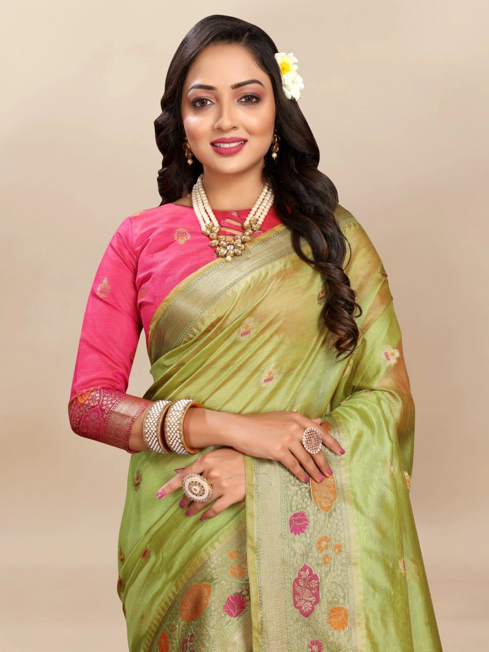 Soft Organza Silk Saree with Meenakari Weaving, Zari Pallu, and Silk Blouse Piece-Pista-2