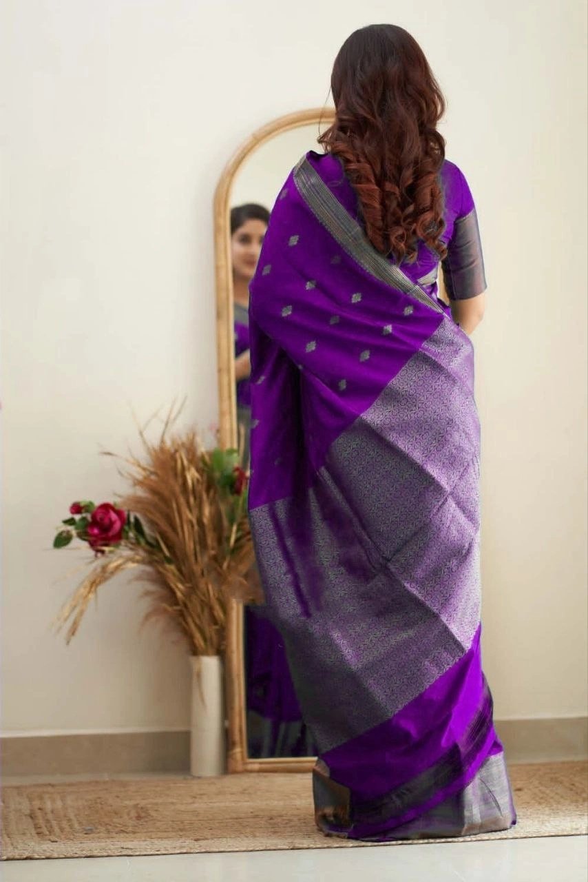 Soft Silk Saree with Copper Jari Work, Rich Design, and Jacquard Border Blouse Piece-Purple-4