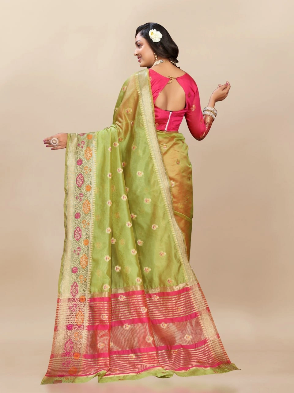 Soft Organza Silk Saree with Meenakari Weaving, Zari Pallu, and Silk Blouse Piece-Pista-3