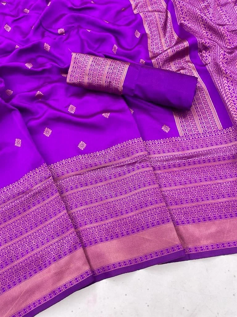 Soft Silk Saree with Copper Jari Work, Rich Design, and Jacquard Border Blouse Piece-Purple-5