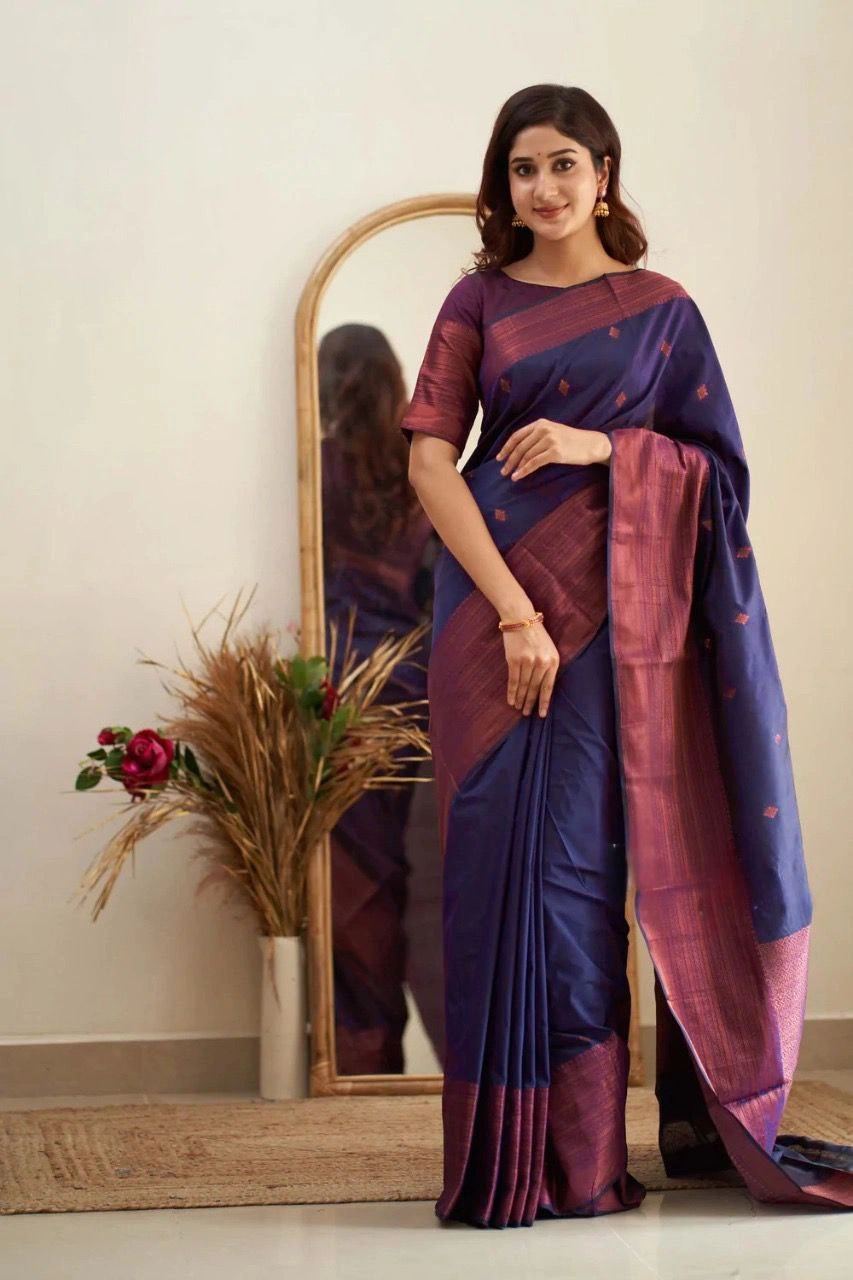 Soft Silk Saree with Copper Jari Work, Rich Design, and Jacquard Border Blouse Piece-SRIEktara-NavyBlue