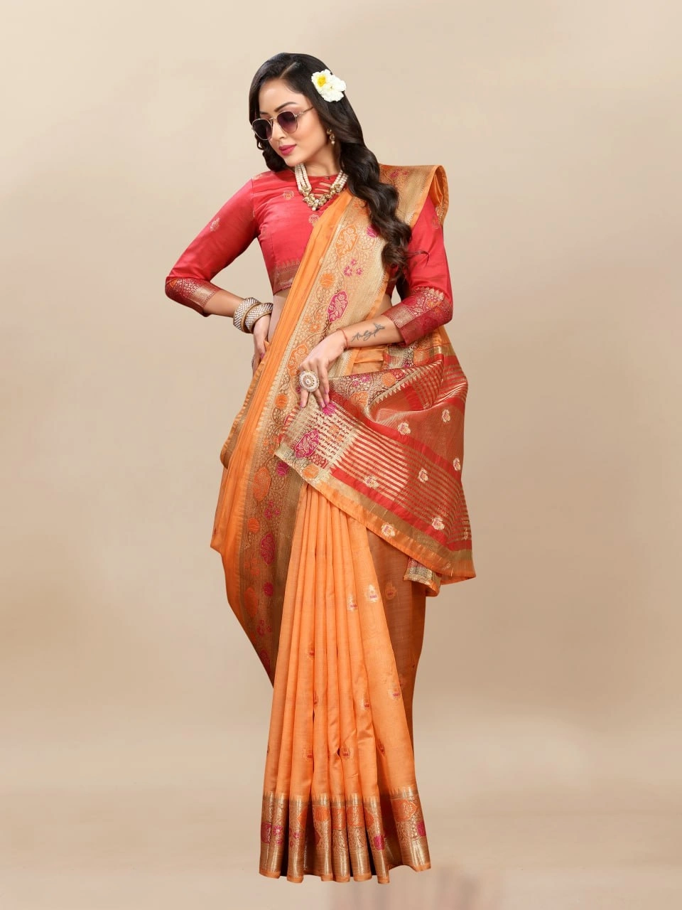 Soft Organza Silk Saree with Meenakari Weaving, Zari Pallu, and Silk Blouse Piece-RMNX-292-Orange