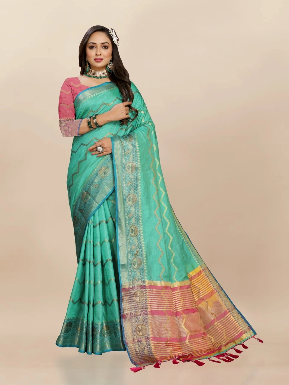 Soft Katan Silk Saree with Zari Weaving Design, Pallu, Border &amp; Silk Blouse Piece-RMNX-293-Rama