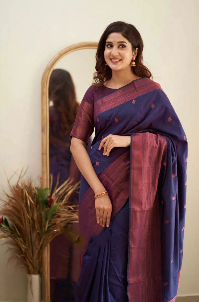 Soft Silk Saree with Copper Jari Work, Rich Design, and Jacquard Border Blouse Piece-Navy Blue-2