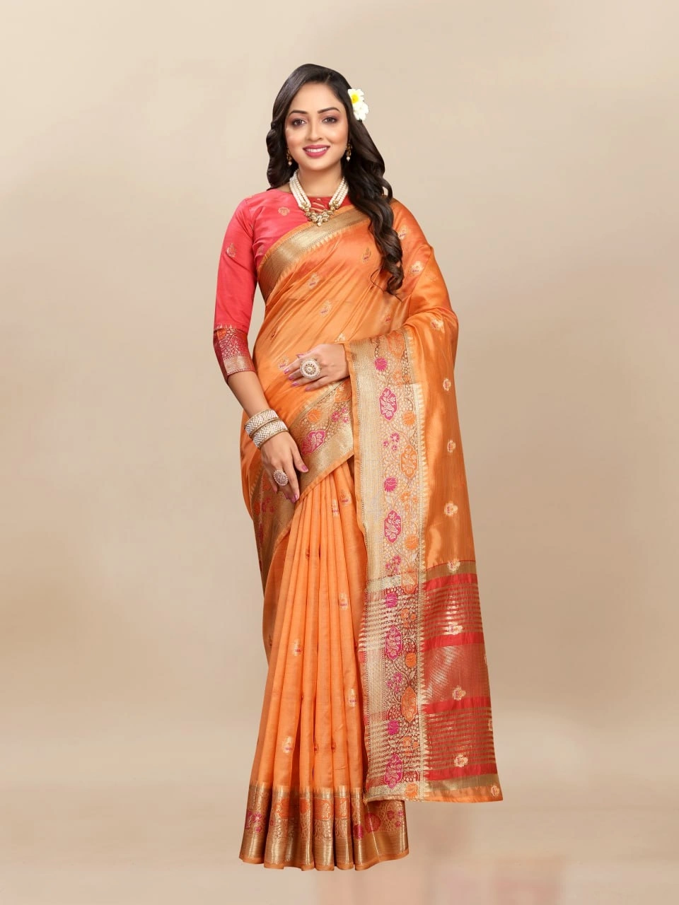 Soft Organza Silk Saree with Meenakari Weaving, Zari Pallu, and Silk Blouse Piece-Orange-2