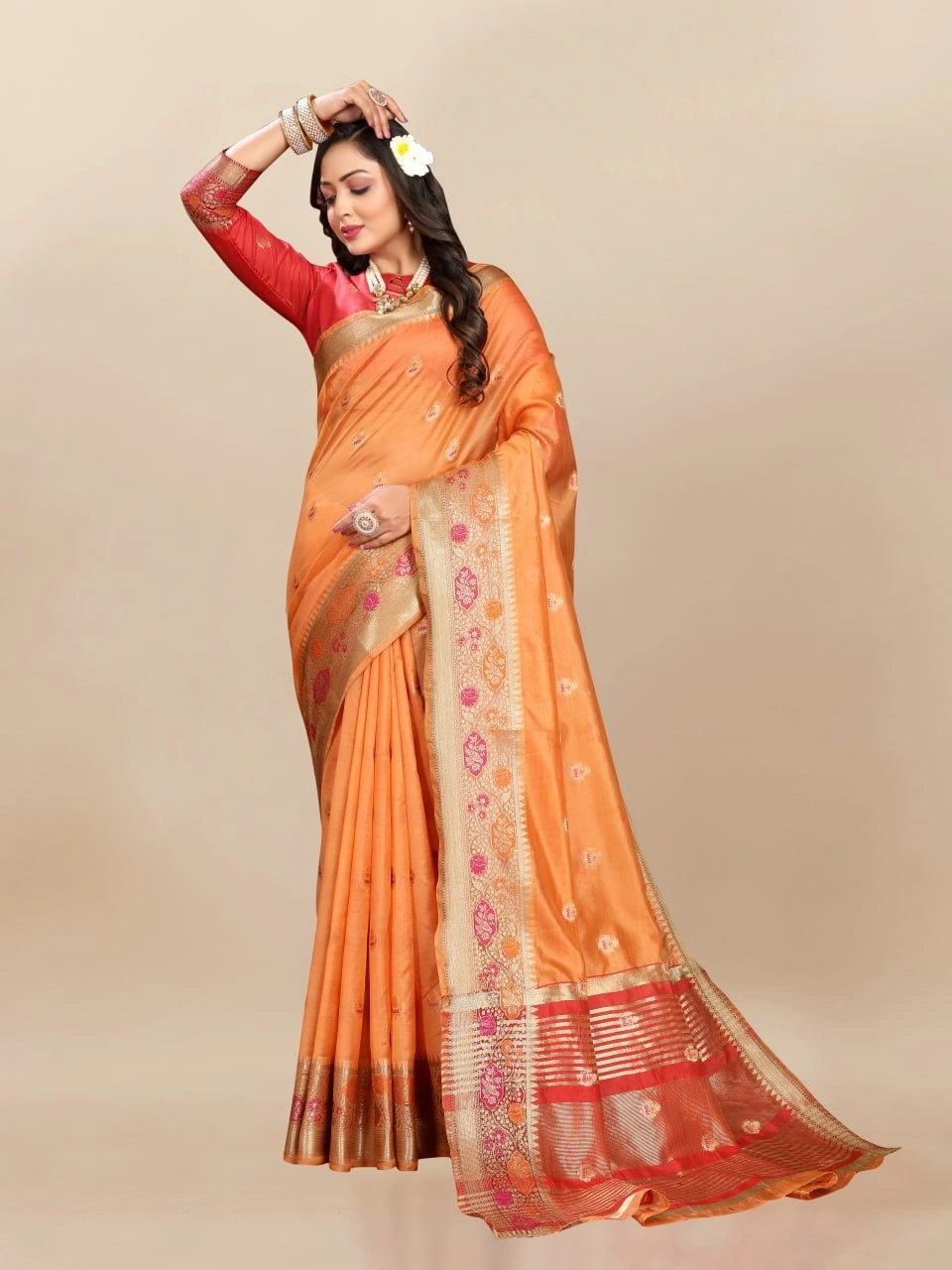 Soft Organza Silk Saree with Meenakari Weaving, Zari Pallu, and Silk Blouse Piece-Orange-3