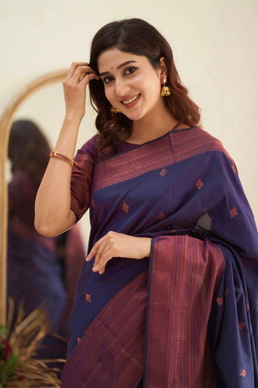 Soft Silk Saree with Copper Jari Work, Rich Design, and Jacquard Border Blouse Piece-Navy Blue-3