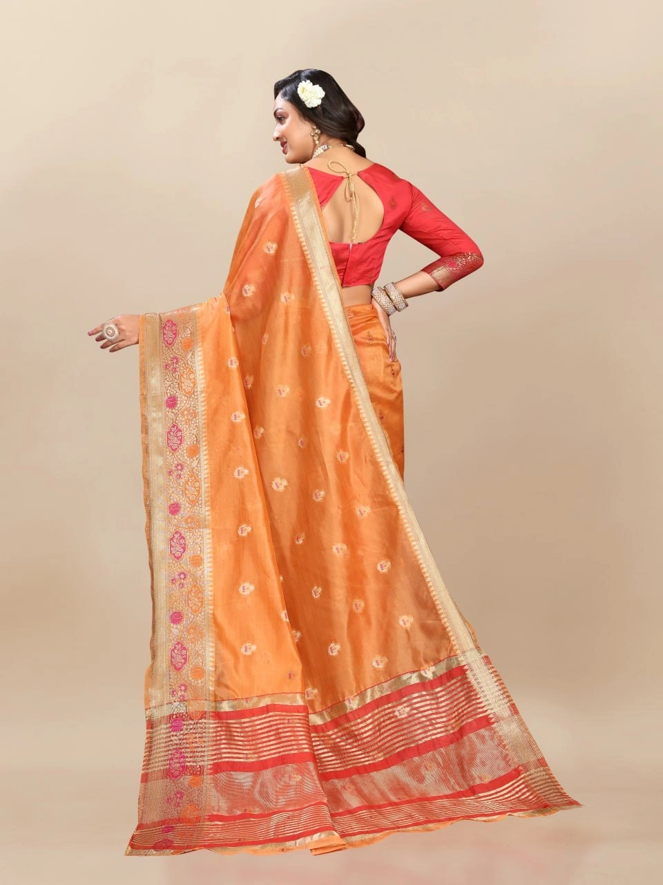 Soft Organza Silk Saree with Meenakari Weaving, Zari Pallu, and Silk Blouse Piece-Orange-4