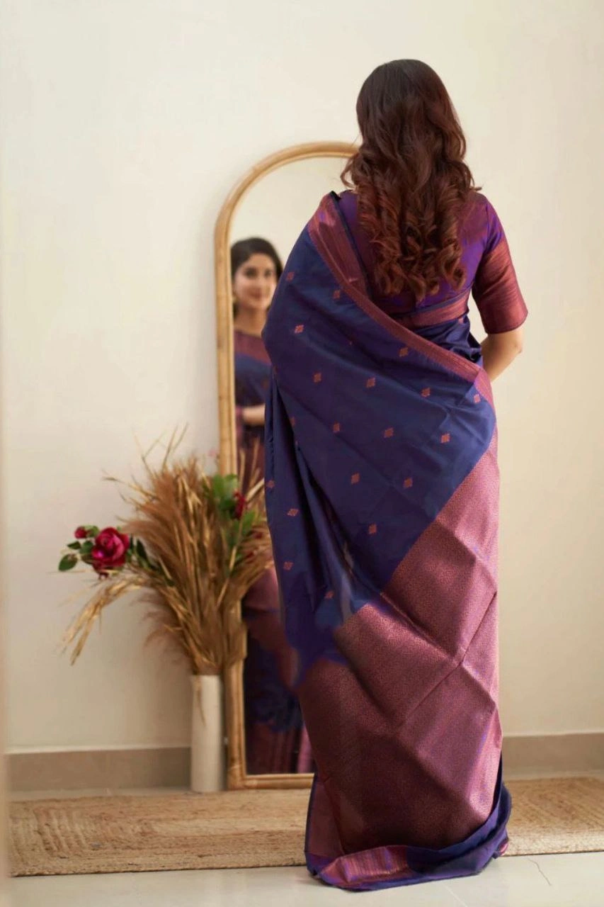 Soft Silk Saree with Copper Jari Work, Rich Design, and Jacquard Border Blouse Piece-Navy Blue-4