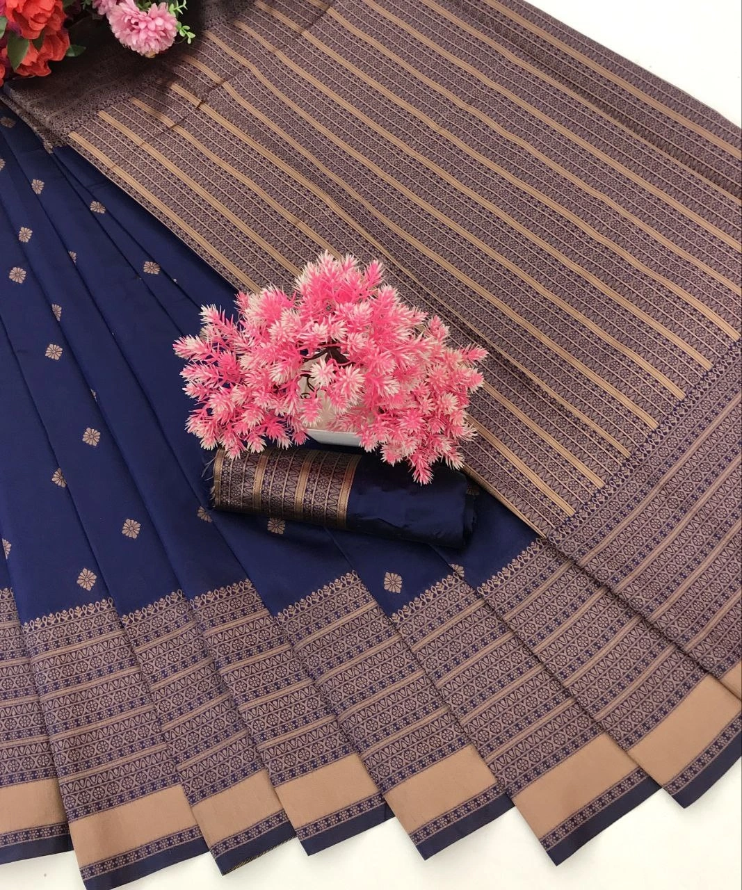 Soft Silk Saree with Copper Jari Work, Rich Design, and Jacquard Border Blouse Piece-Navy Blue-5