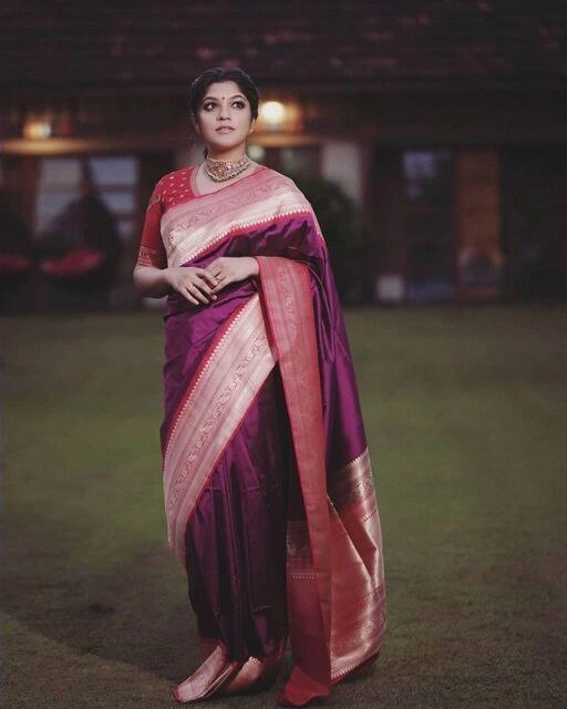 Soft Lichi Silk Saree with Golden Jari, Heavy Jacquard Border &amp; Rich Pallu-SRIForam-Purple