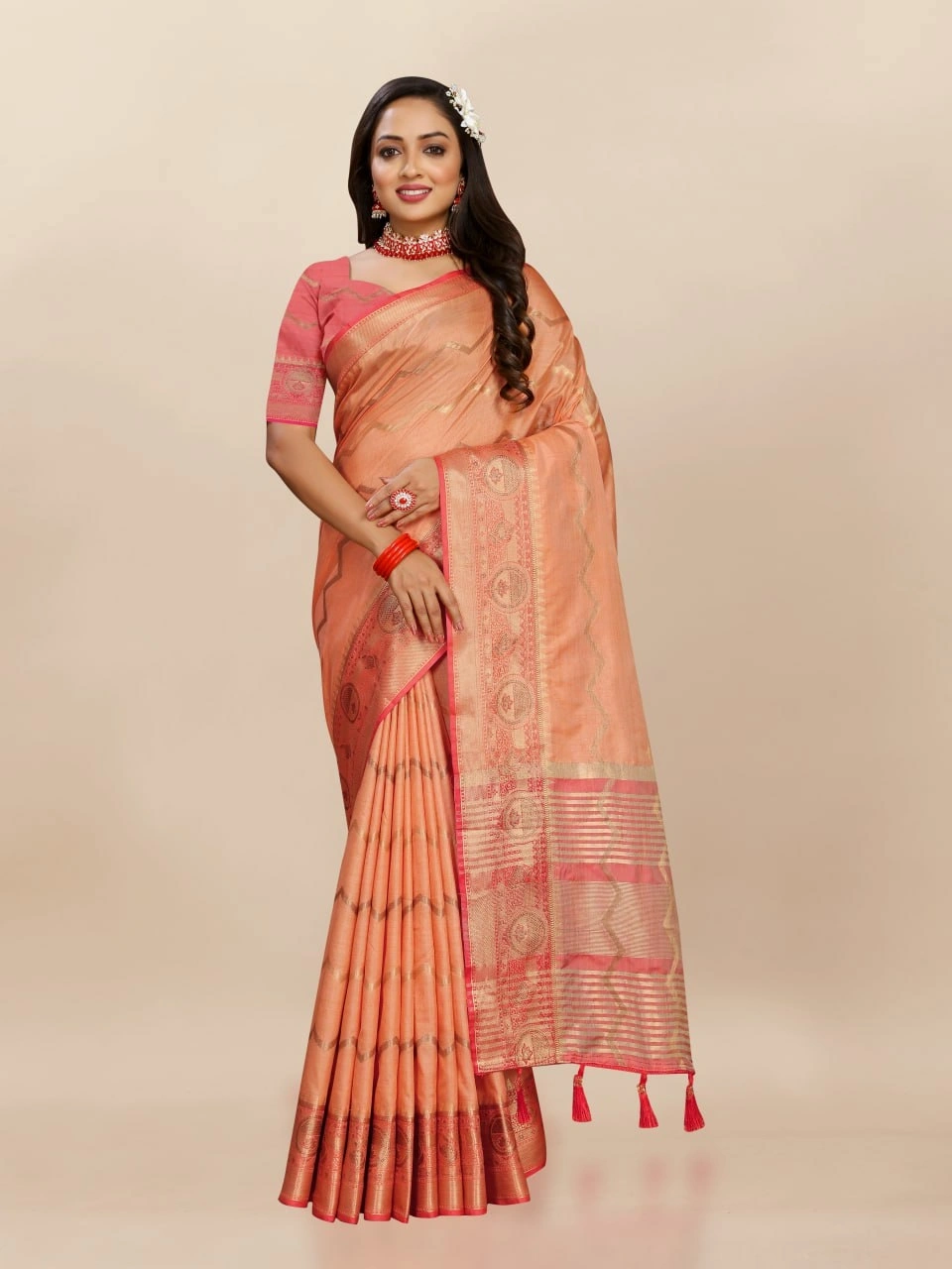 Soft Katan Silk Saree with Zari Weaving Design, Pallu, Border &amp; Silk Blouse Piece-RMNX-293-Orange