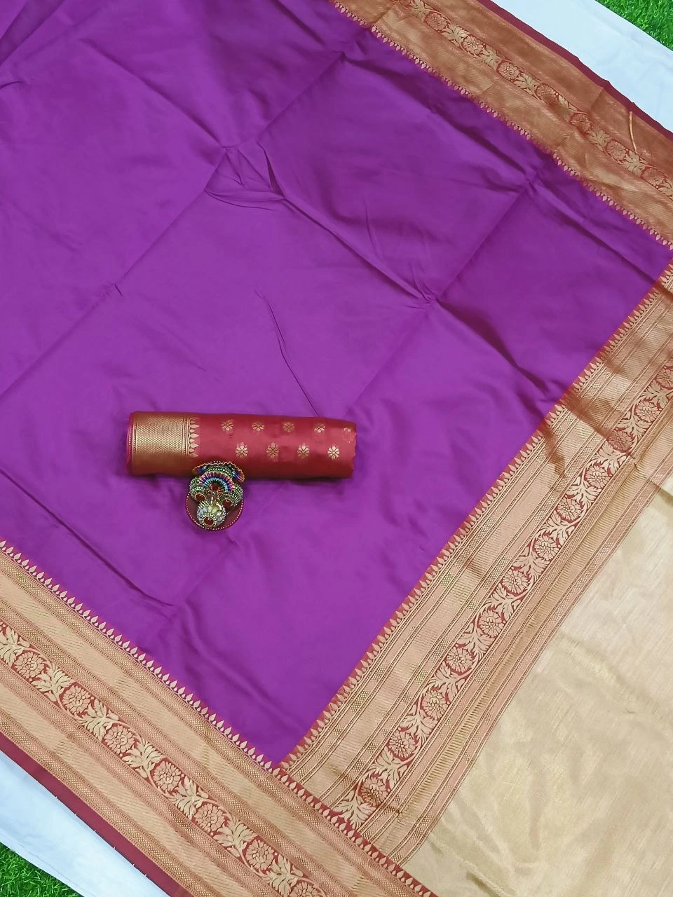 Soft Lichi Silk Saree with Golden Jari, Heavy Jacquard Border &amp; Rich Pallu-Purple-5