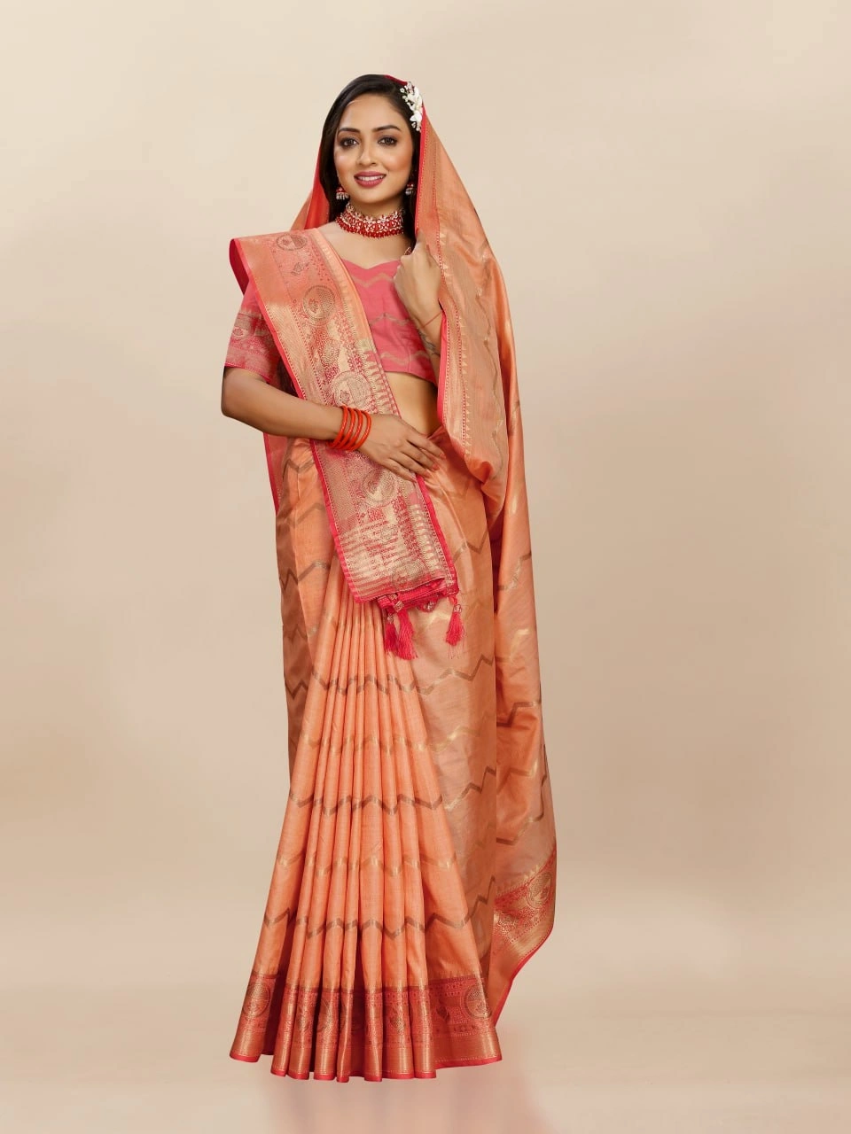 Soft Katan Silk Saree with Zari Weaving Design, Pallu, Border &amp; Silk Blouse Piece-Orange-3