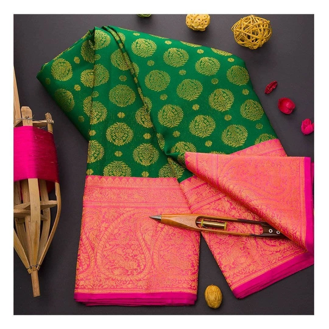 Soft Lichi Silk Saree with Golden Jari, Heavy Jacquard Border &amp; Rich Pallu-SRIgola-Green