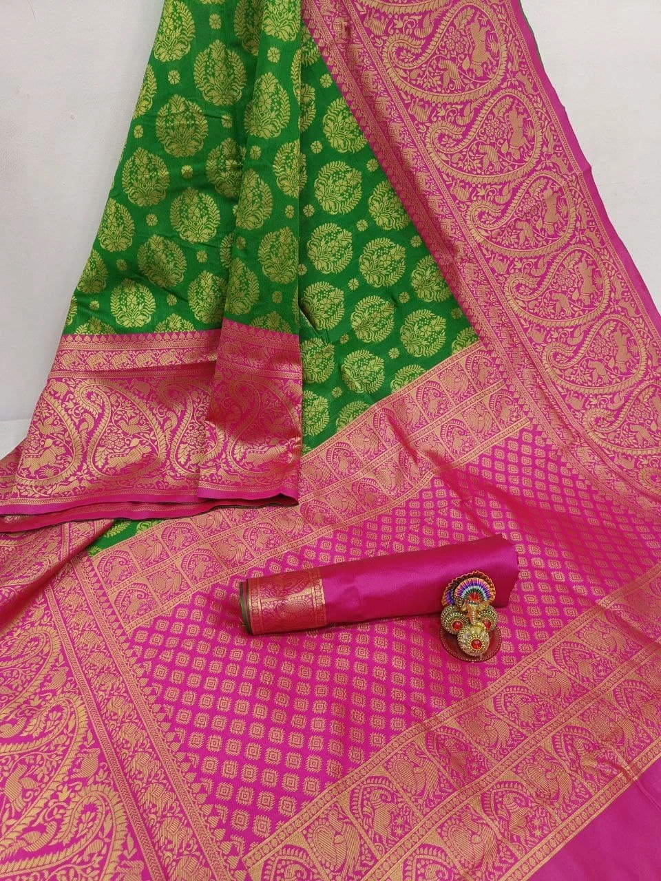 Soft Lichi Silk Saree with Golden Jari, Heavy Jacquard Border &amp; Rich Pallu-Green-1