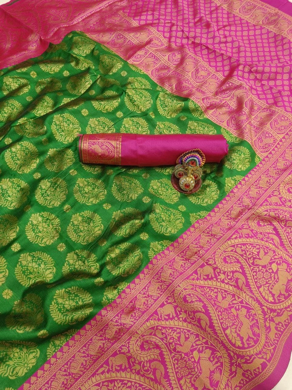 Soft Lichi Silk Saree with Golden Jari, Heavy Jacquard Border &amp; Rich Pallu-Green-2