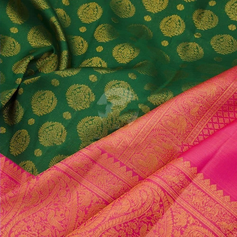 Soft Lichi Silk Saree with Golden Jari, Heavy Jacquard Border &amp; Rich Pallu-Green-3