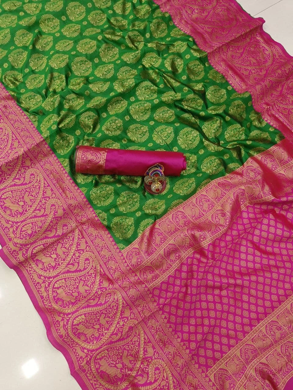 Soft Lichi Silk Saree with Golden Jari, Heavy Jacquard Border &amp; Rich Pallu-Green-4