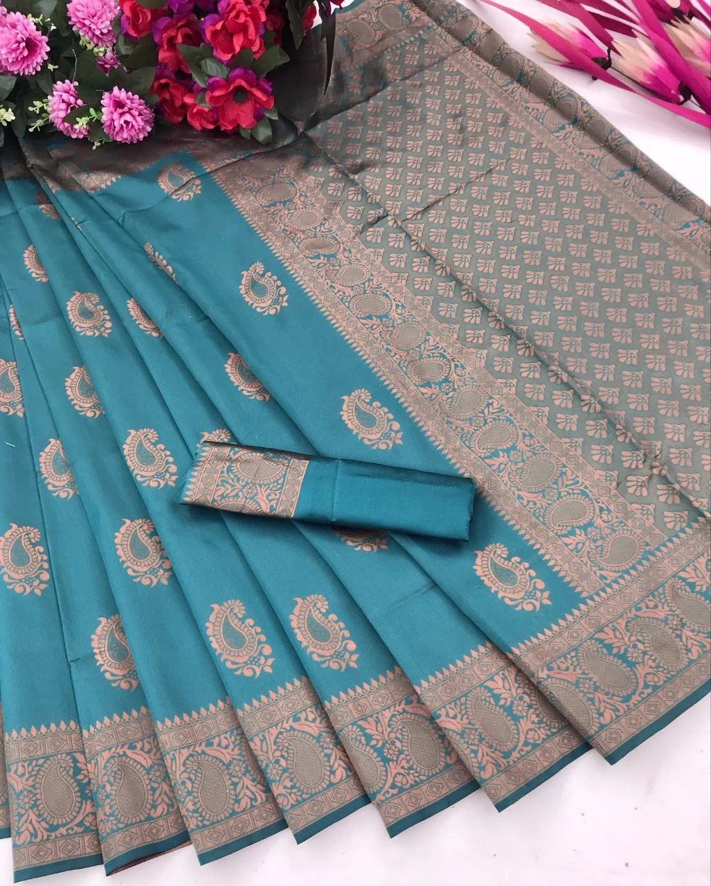 Soft Silk Saree with Copper Jari Work, Rich Design, and Jacquard Border Blouse Piece-Rama-3