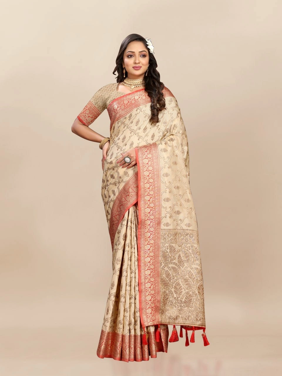 Soft Katan Silk Saree with Rich Zari Weaving Design, Border, and Tassels, Silk Blouse Included-RMNX-295-Beige