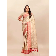 Soft Katan Silk Saree with Rich Zari Weaving Design, Border, and Tassels, Silk Blouse Included