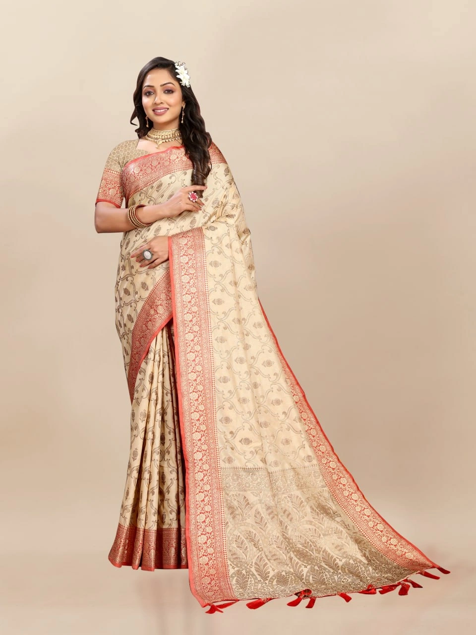 Soft Katan Silk Saree with Rich Zari Weaving Design, Border, and Tassels, Silk Blouse Included-Beige-1